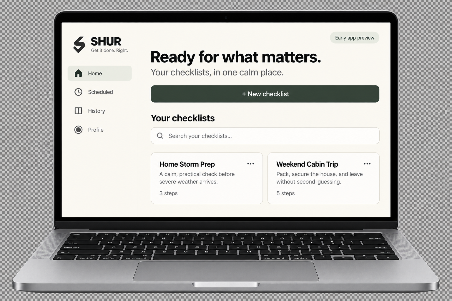 SHUR desktop concept adapted from the app preview on a MacBook.
