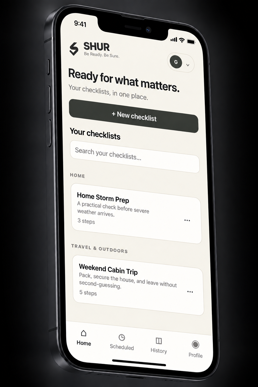 SHUR early app preview showing personal checklists on a phone.