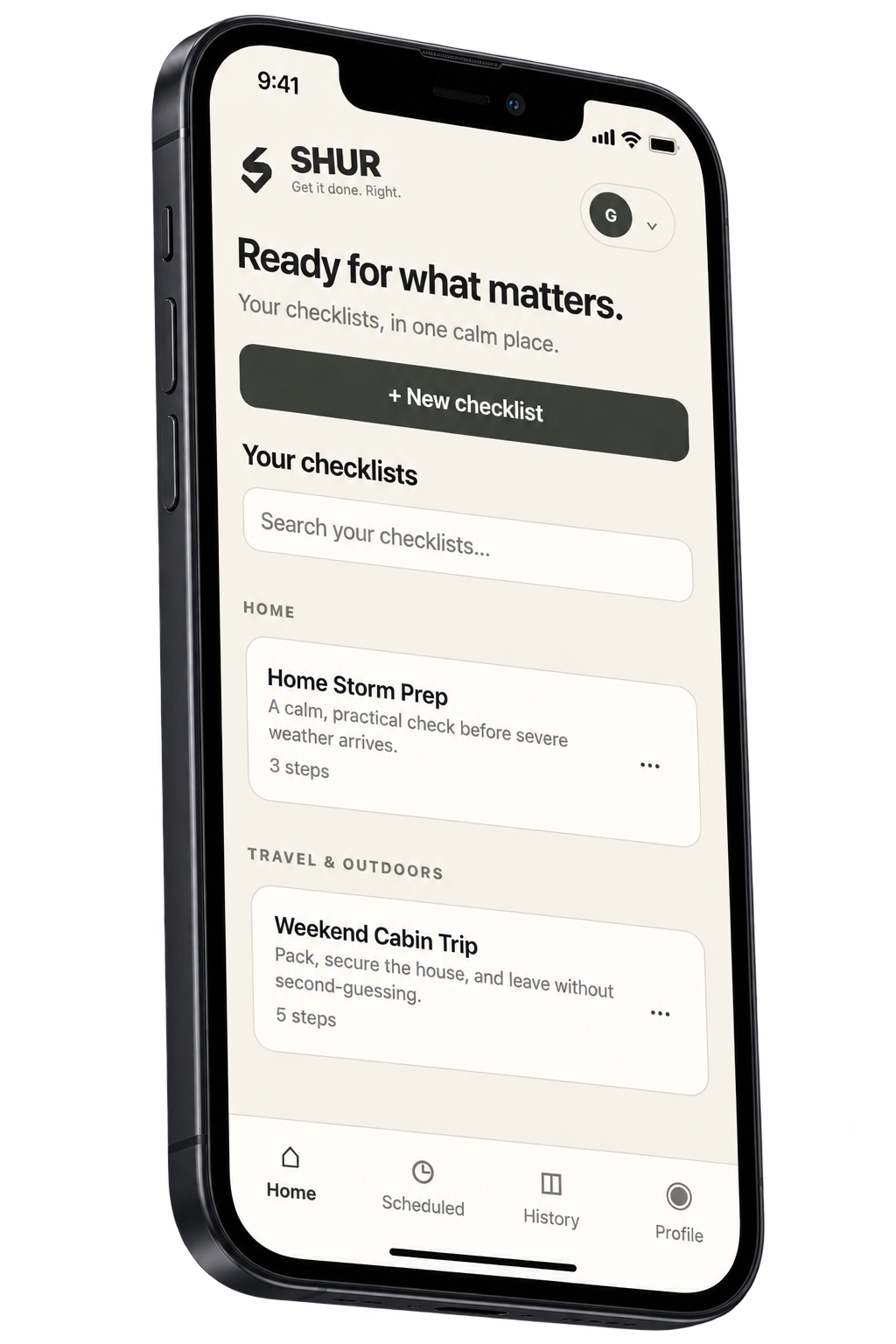 SHUR early app preview on a phone, showing Home Storm Prep and Weekend Cabin Trip checklists.